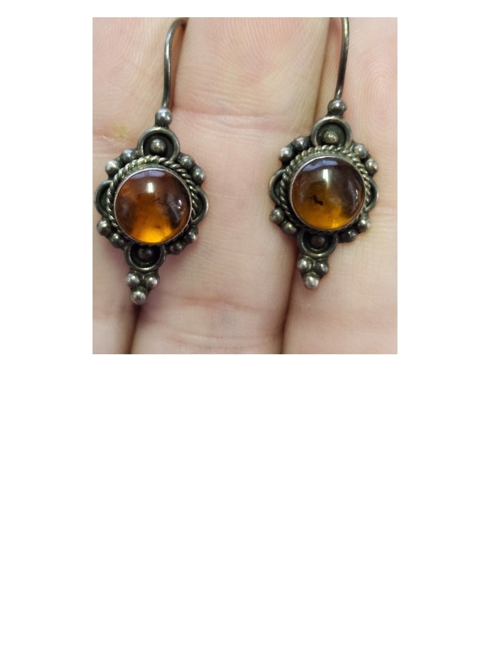 Sterling Silver Amber Drop Earrings - Brown Amber Cabochon